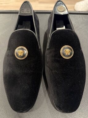 Versace Black Velvet Loafers with Gold Medusa Accent